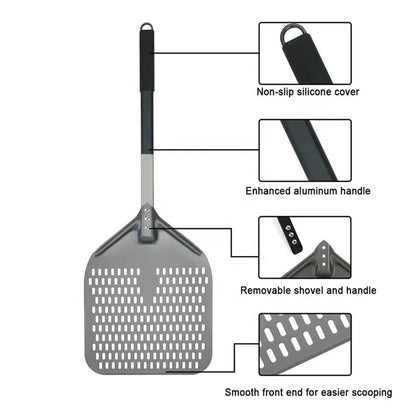 Perforated Pizza Peel:Hard Anodized Aluminum Pizza Spatula with Silicone Handle, Professional Large Pizza Turning Peel, Pizza Paddle